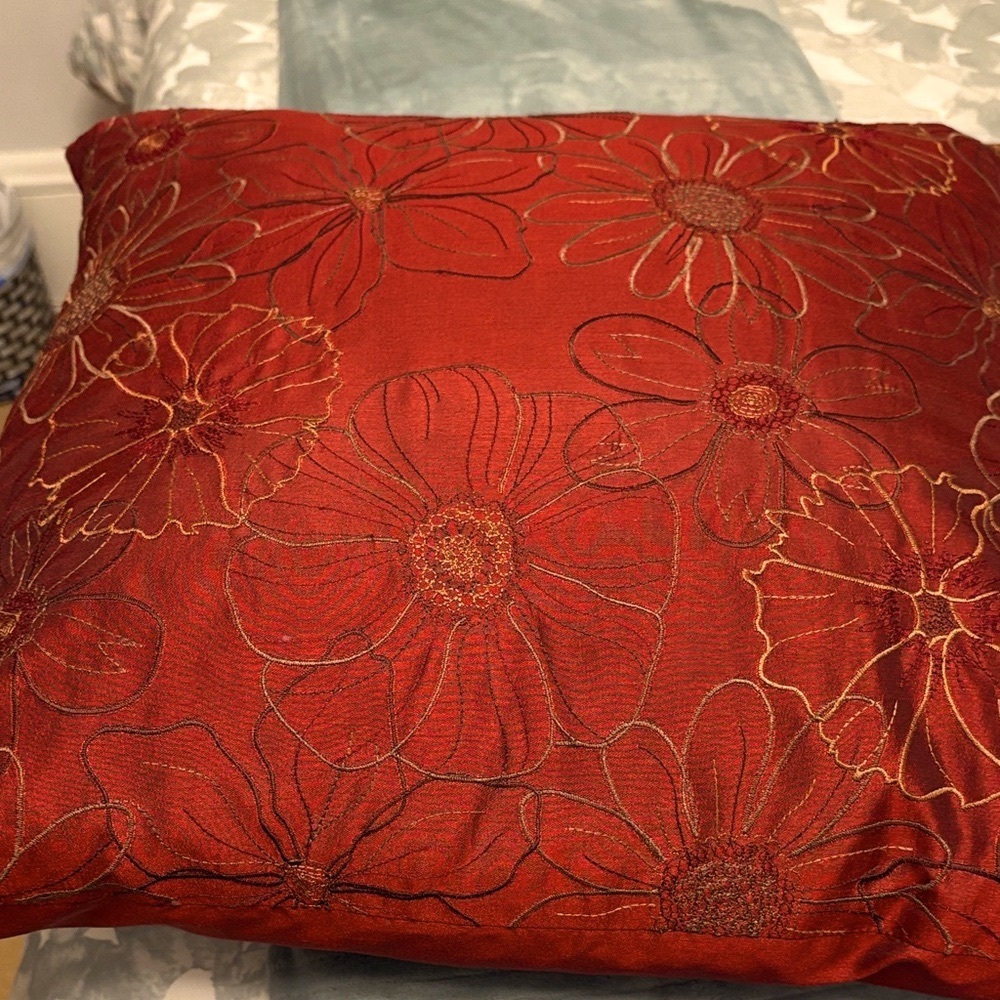 Floral Embroidered Red Cushion Cover
